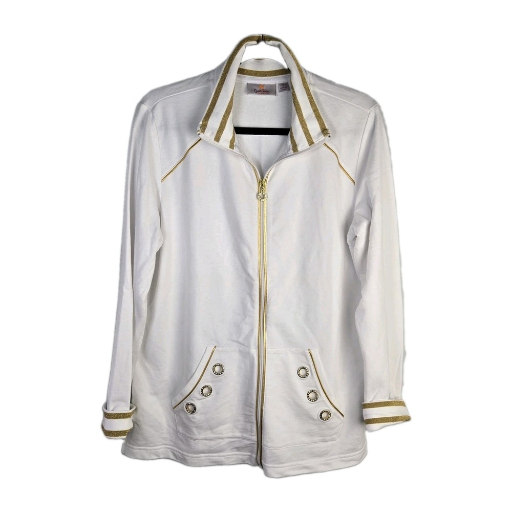Quaker Factory Gold White Rhinestone Zip Up Jacket Med Sparkle Glam Whimsical